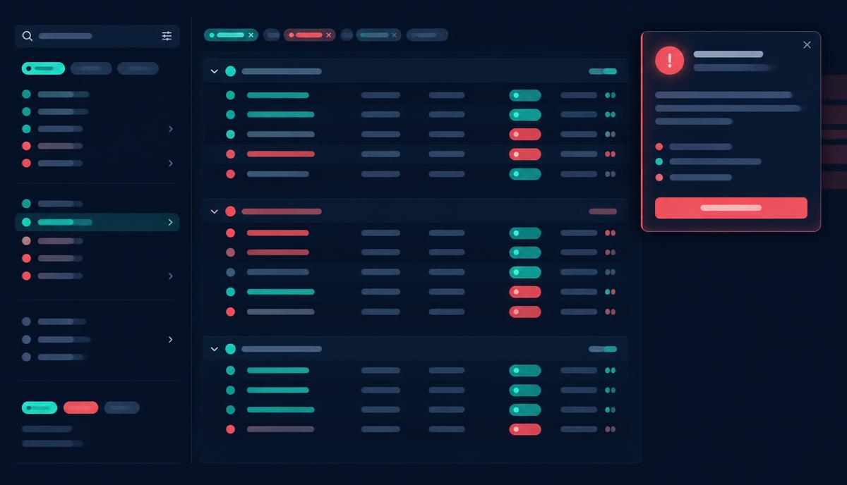 Illustration of grouped, searchable error logs with an alert notification